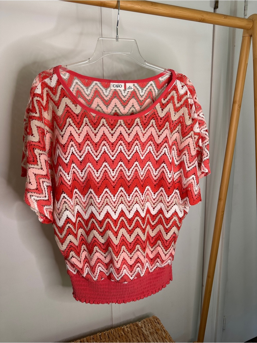 Cato Coral and White Chevron Short Sleeve Knit Top
